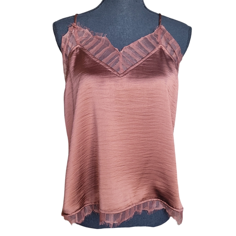 Frye NWT Brown Satin Eli Lace-Trim Racerback Tank Women's Size M FLAWS - Picture 2 of 16